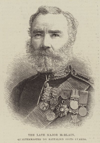 El difunto Mayor McBlain, Cuartelmaestre del 1er Batallón de la Guardia Escocesa (grabado) de English School