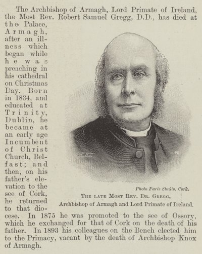 El difunto Reverendísimo Dr. Gregg, Arzobispo de Armagh y Lord Primado de Irlanda (grabado) de English School