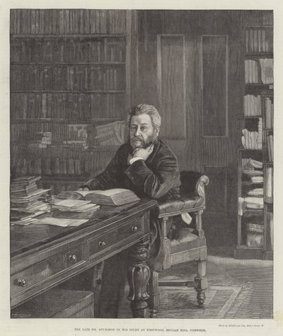 El difunto Sr. Spurgeon en su estudio en Westwood, Beulah Hill, Norwood (grabado) de English School