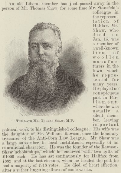 El difunto Sr. Thomas Shaw, MP de English School