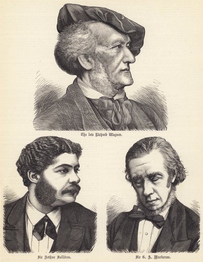 El difunto Richard Wagner, Sir Arthur Sullivan, Sir G A Macfarren (grabado) de English School
