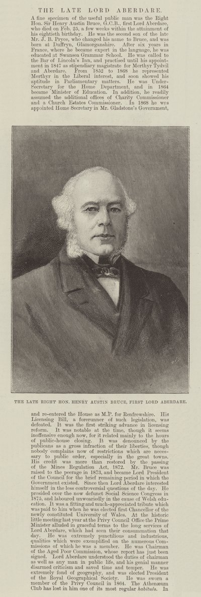 El difunto Muy Honorable Henry Austin Bruce, Primer Lord Aberdare de English School