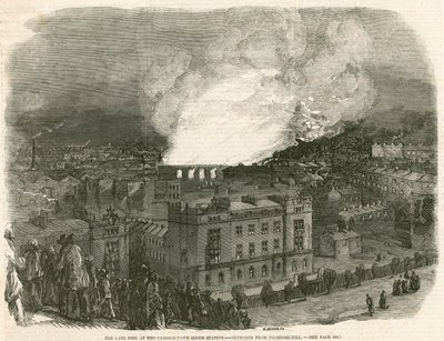 El reciente incendio en la Estación de Mercancías de Camden Town, dibujado desde Primrose Hill, Londres de English School