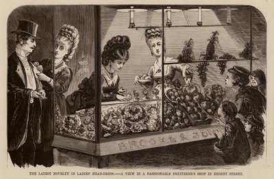 La última novedad en tocados femeninos, vista de una frutería de moda en regent street (grabado) de English School