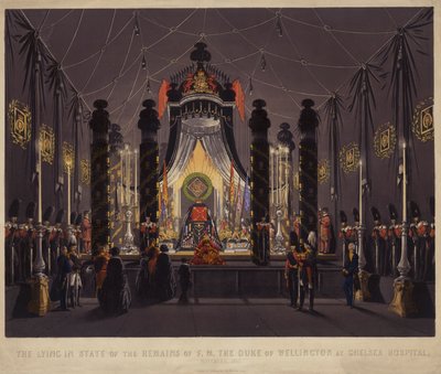 El velatorio de los restos del F M El Duque de Wellington en el Hospital de Chelsea, noviembre de 1852 (grabado coloreado) de English School