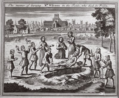 La manera de enterrar a Wm Wiseman en los campos, quien murió en prisión, ilustración de Mártires de Fox c.1703 de English School