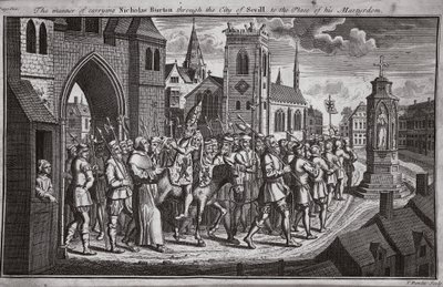 La manera de llevar a Nicholas Burton por la ciudad de Sevilla al lugar de su martirio, ilustración de Mártires de Fox c.1703 de English School