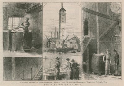 La fabricación de balas; vista de la antigua Torre de Balas, Lambeth de English School