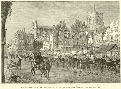 La plaza del mercado y la Iglesia de San Pedro Mancroft, antes de la restauración de English School