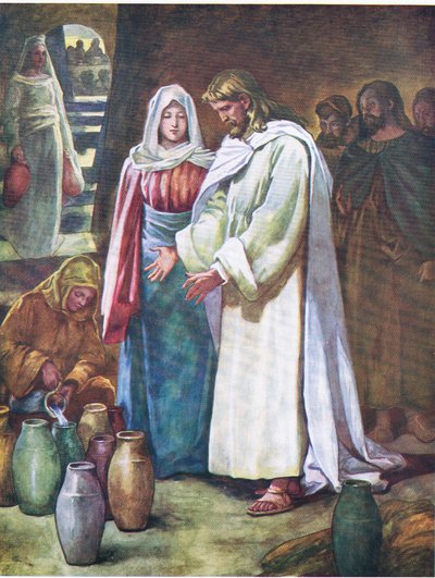 Las bodas de Caná, de The Bible Picture Book publicado por Thomas Nelson, c.1950 (litografía en color) de English School