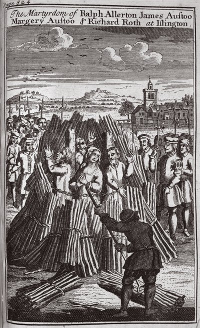 El martirio de Ralph Allerton James Austoo, Margery Austoo y Richard Roth en Islington, ilustración de 