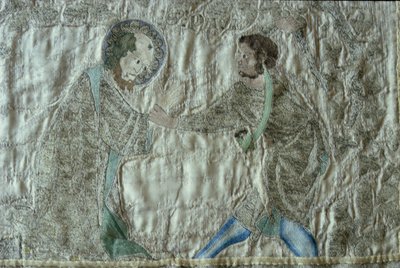 El martirio de un santo, detalle del frontal del Capa de Steeple Aston, c.1340s (hilo de plata dorada y sedas de colores sobre sarga de seda beige) de English School