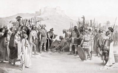 El encuentro de Aníbal con los Ceutrones, una tribu celta de la antigua Galia, durante su cruce de los Alpes en 218 a.C., de la Historia de las Naciones de Hutchinson, pub.1915 de English School