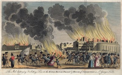 La turba destruyendo y prendiendo fuego a la Prisión del Banco del Rey y la Casa de Corrección en St Georges Fields de English School
