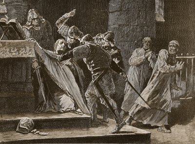 El asesinato de Becket en la Catedral de Canterbury, ilustración de Cassells Illustrated History of England de English School
