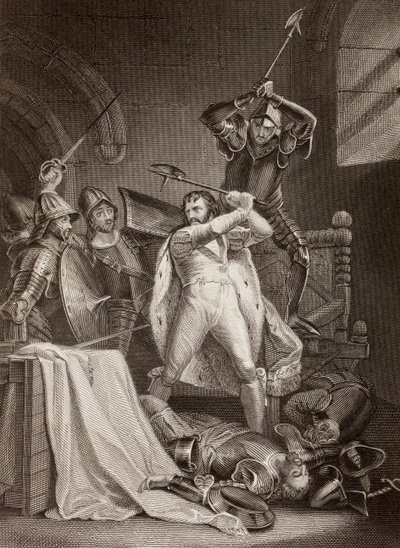 El asesinato de Ricardo II de Inglaterra en el castillo de Pontefract en 1400 (litografía) de English School