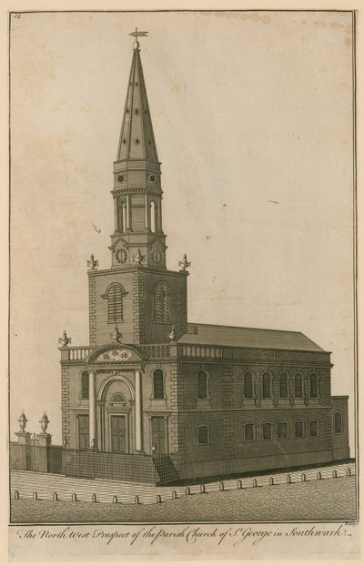 Vista noroeste de la iglesia parroquial de San Jorge en Southwark, Londres de English School
