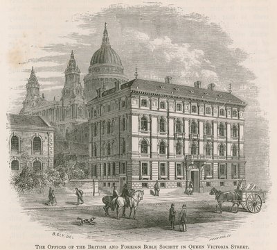 Las oficinas de la Sociedad Bíblica Británica y Extranjera en Queen Victoria Street, Londres de English School