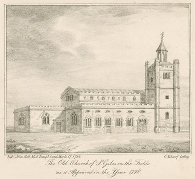 La antigua iglesia de St Giles en el Campo, Londres, como apareció en el año 1718 de English School