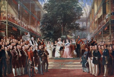 Inauguración por la reina Victoria de la Gran Exposición de Hyde Park, Londres, Inglaterra. de English School