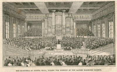 La orquesta en Exeter Hall, Londres, durante la reunión de la Sociedad Armónica Sagrada de English School
