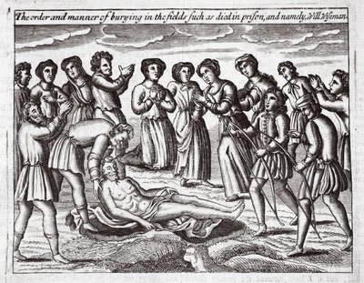 El orden y la manera de enterrar en los campos a los que murieron en prisión, y en particular, Will Wiseman, ilustración de Hechos y Monumentos de John Foxe, novena edición, pub. 1684 de English School