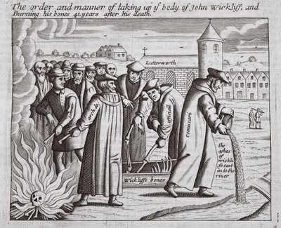 El orden y la manera de levantar el cuerpo de John Wickliff y quemar sus huesos 44 años después de su muerte, ilustración de Hechos y Monumentos de John Foxe, novena edición, pub. 1684 de English School