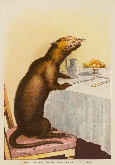 La nutria se subió a la silla y a la mesa (litografía en color) de English School