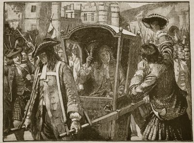 El pueblo de Edimburgo escoltando al Duque de Hamilton al Palacio de Holyrood, ilustración de Cassells Illustrated History of England de English School