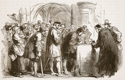 El pueblo firmando el Pacto en la iglesia de St. Giles, Edimburgo, ilustración de la Historia Ilustrada de Inglaterra de Cassell de English School