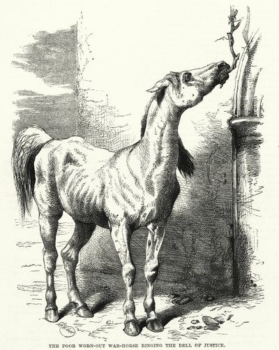 El pobre caballo de guerra agotado tocando la campana de la justicia de English School