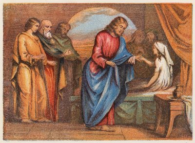 La resurrección de la hija de Jairo (litografía en color) de English School