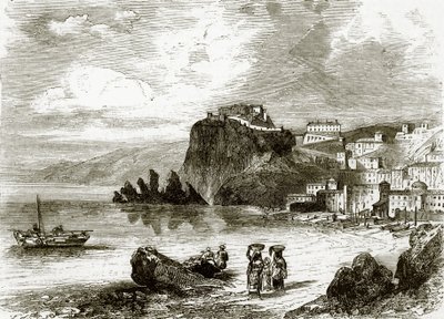 La roca y la ciudad de Scylla, costa de Sicilia de English School