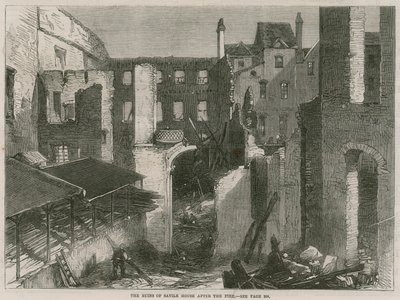 Las ruinas de Savile House, Leicester Square, Londres, después del incendio de English School