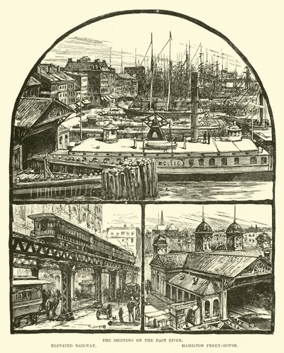 El transporte en el East River; Ferrocarril elevado; Casa del ferry de Hamilton de English School