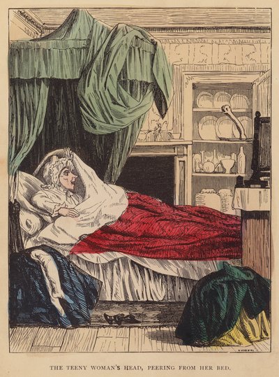 La cabeza de la mujer adolescente, asomando desde su cama (litografía en color) de English School