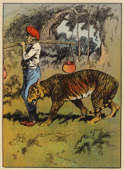 El tigre se frota contra la pierna del hombre (lito de color) de English School