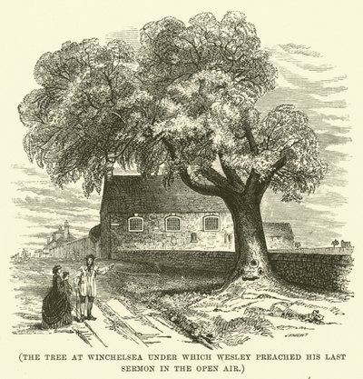 El árbol de Winchelsea bajo el que Wesley predicó su último sermón al aire libre (grabado) de English School