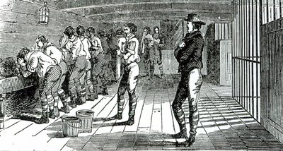 La sala de lavado bajo cubierta - sindicalistas condenados siendo transportados a Australia, ilustrado en Los Mártires de Tolpuddle, publicado por el Congreso de Sindicatos, 1834 de English School