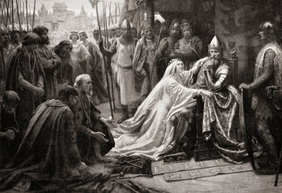 La esposa del rey Eduardo III, la reina Philippa de Hainault, intercede ante su marido para pedir que se perdone la vida a los siete burgueses de Calais (imprimir) de English School