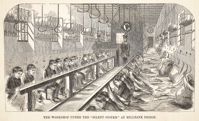 El taller bajo el sistema silencioso en la prisión de Millbank, ilustración de Las prisiones criminales de Londres y escenas de la vida en prisión de Henry Mayhew y John Binny, pub. 1862 de English School