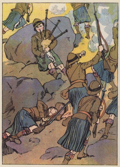 El gaitero herido lleva a las tropas a la victoria (litografía en color) de English School