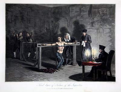 Tercer grado de tortura de la Inquisición, grabado por L.C. Stadler, publicado por Cadell & Davies, Londres, c.1813 (grabado en color) de English School