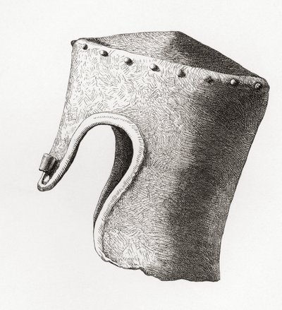 Casco cilíndrico de punta plana con nasal del siglo XIII, desenterrado en el castillo de Montgomery en 1841, de The British Army: Its Origins, Progress and Equipment, publicado en 1868. de English School