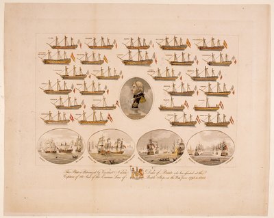 Esta placa está patrocinada por el vizconde Nelson, duque de Bronte, quien ha asistido en la captura de 26 barcos de línea de batalla enemigos en la guerra de 1793 a 1805 de English School