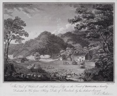 Esta vista de Whitewell y la casa del guardabosques en el bosque de Bowland, está humildemente dedicada a Su Gracia Henry Duque de Buccleuch, por su obediente servidor J L Parker de English School