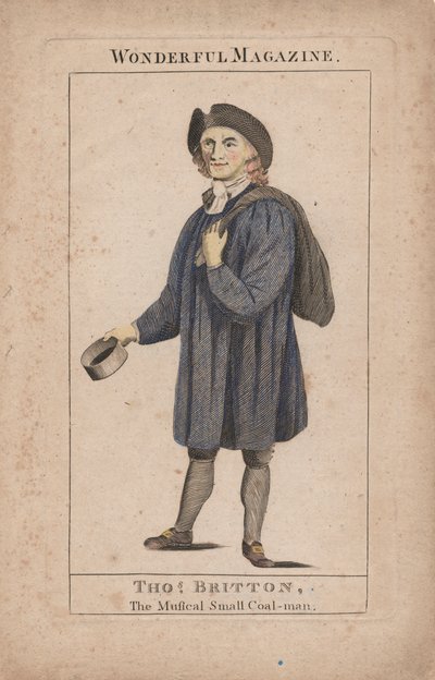 Thomas Britton: El Pequeño Hombre del Carbón Musical, ilustración de Wonderful Magazine, c.1764 (grabado coloreado a mano) de English School
