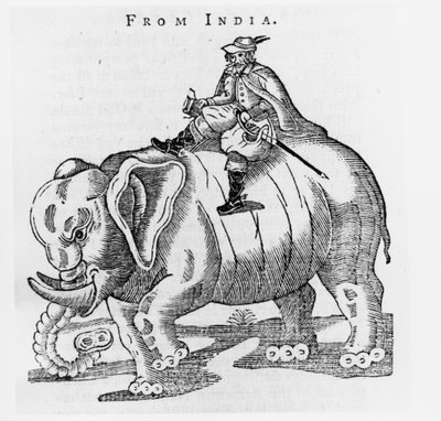 Thomas Coryate (c.1577-1617) en un elefante, de Cartas desde la India en Coryats Crudities, Volumen 3, publicado en 1776 de English School