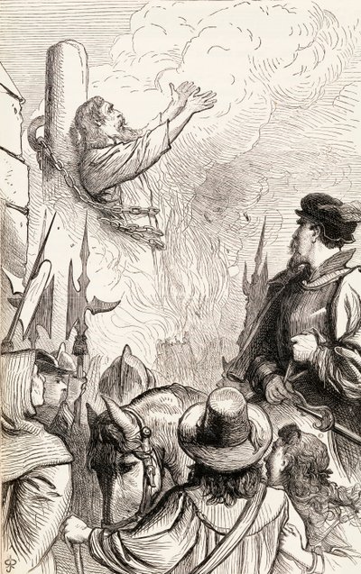 Thomas Hawkes quemado en la hoguera durante las Persecuciones Marianas, c.1865 de English School