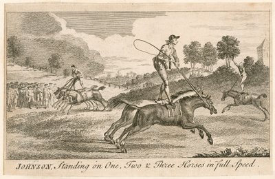 Thomas Johnson de pie sobre uno, dos y tres caballos a toda velocidad de English School